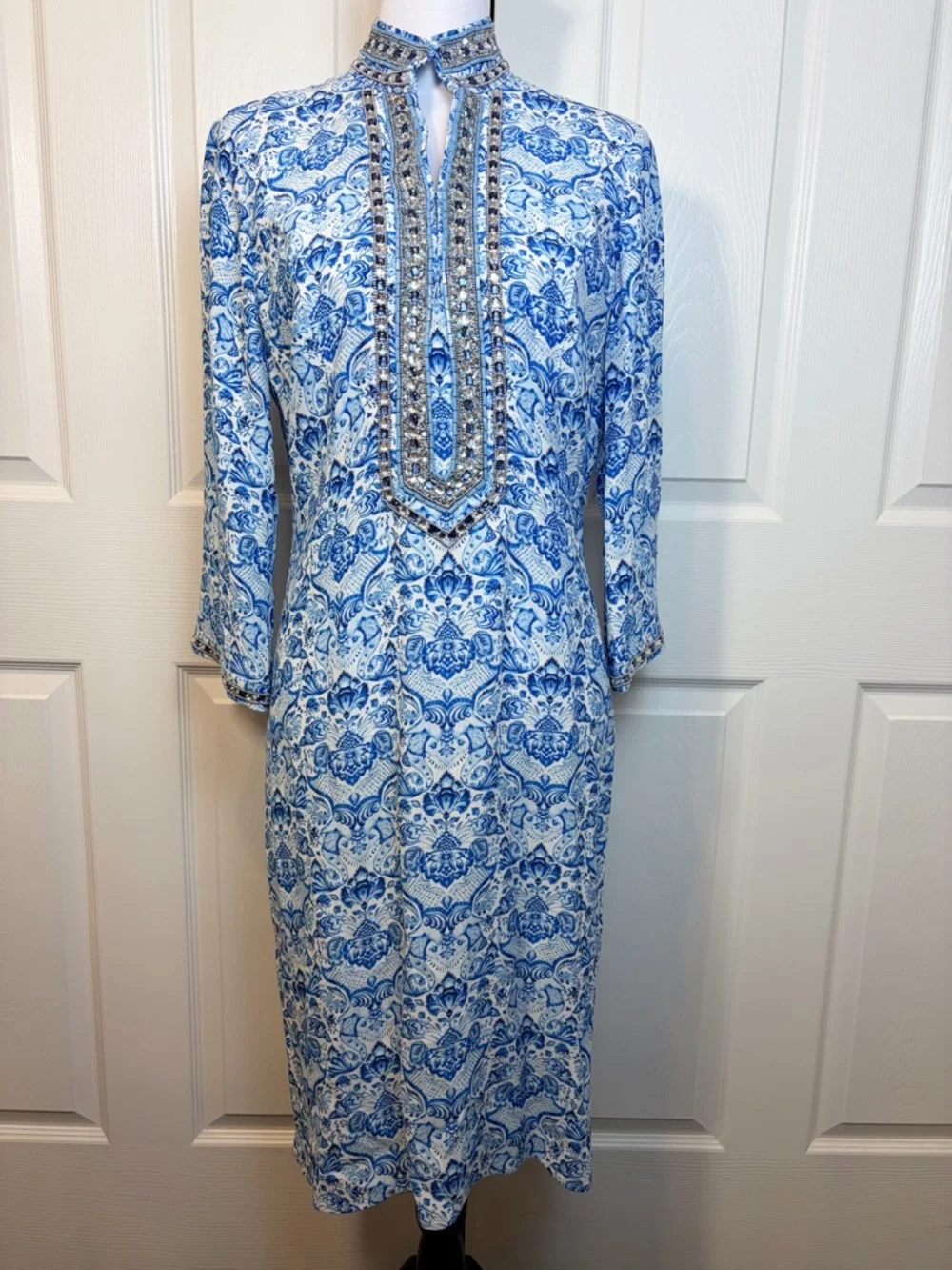Nicoblu Beaded Resort Dress Blue White Mediterranean Luxe Size 6 - Picture 3 of 15